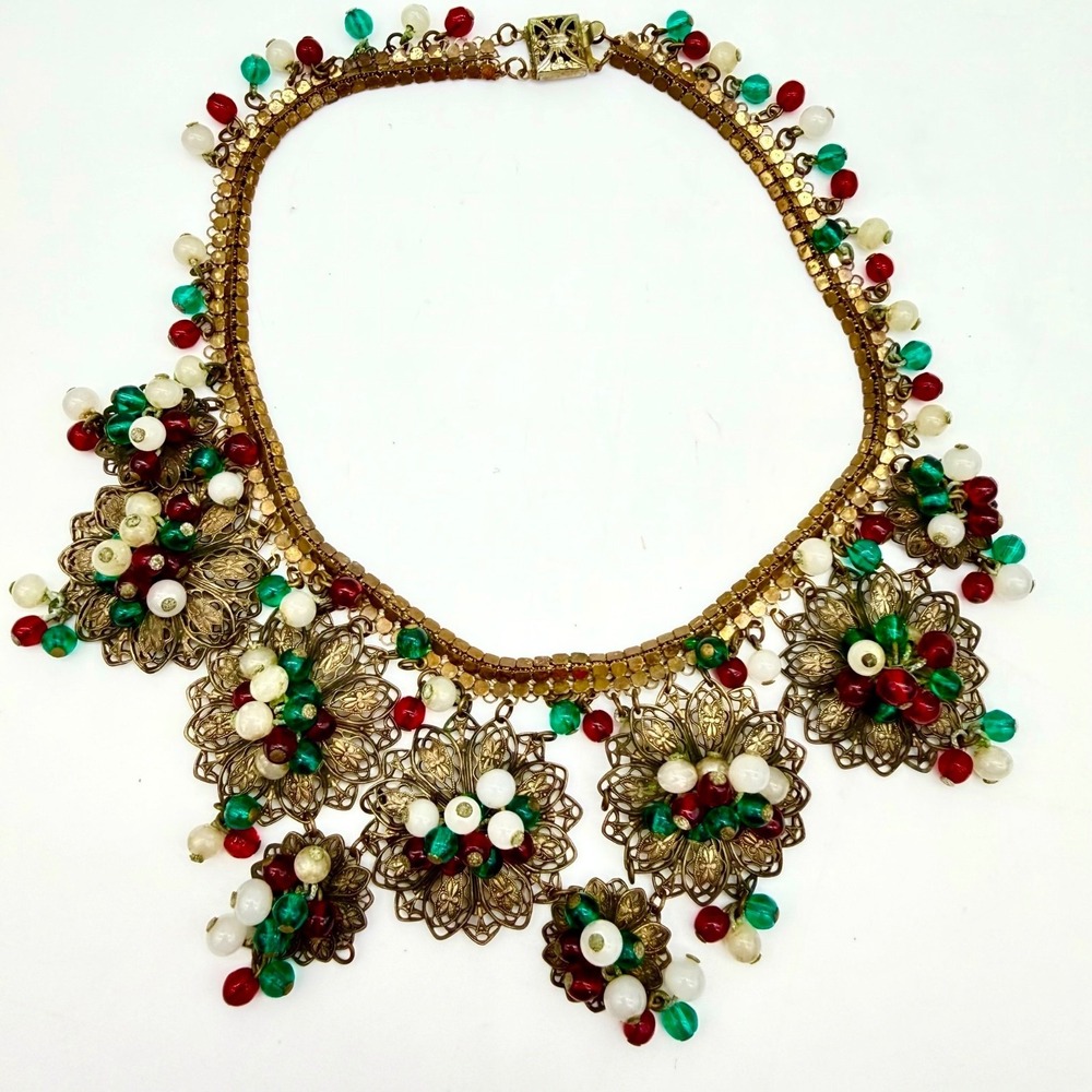 Vtg Miriam Haskell Necklace Gripoix Glass Festoon Princess Bib Floral READ